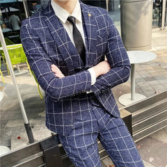 Showlu Fashion Store navy / Asian XXL is US S 2023 Fashion New Men's Leisure Boutique Business Plaid Slim Suit 3 Pcs Set / Male Linen Striped Dress Blazers Jacket Pants Vest