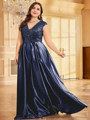 SHOWLU FASHION STORE Navy Blue / 0XL XUIBOL Plus Size Plus Size Luxury Gold Satin V-Neck Evening Dress Women Satin Wedding Party Prom Floor Lenght Cocktail Dress