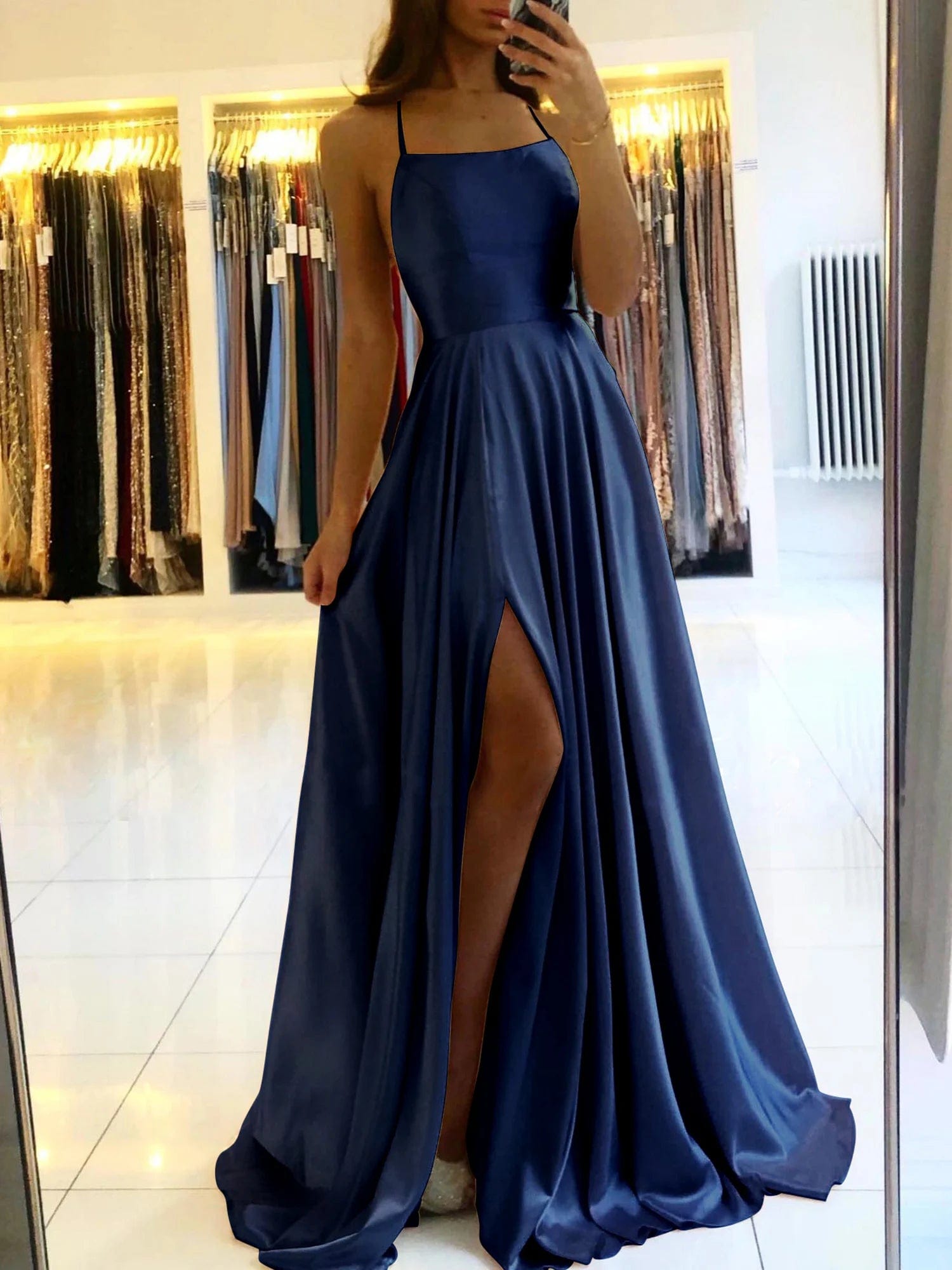  Showlu Fashion Store Navy Blue / 14 Elegant Blue Satin Gown