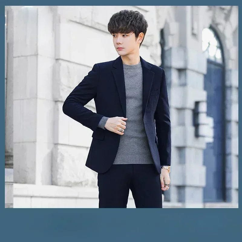  Showlu Fashion Store Navy blue 2 Pcs / Asian S is Eur XXS S-4XL Men's Business Casual Suit Korean Style Trendy Slim Fit 2 Piece Set Solid Color Blazer Pants Groom Wedding Dress Party