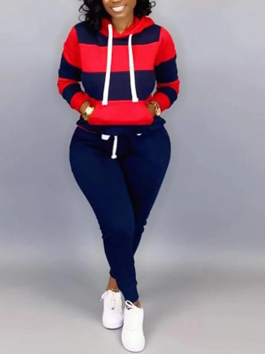 SHOWLU FASHION STORE Navy Blue / 4XL LW Plus Size Striped Drawstring Tracksuit Set Autumn Women Hoodie Pants Set Striped Printed Hooded Long Sleeve Warm Sweatshirts