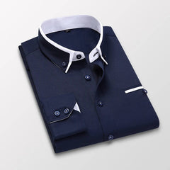 SHOWLU FASHION STORE Navy blue / 5XL High Quality Stylish Casual Shirt Double Collar Striped Mens Dress Shirts Mens Long Sleeve Shirts non iron Double Collar Shirt