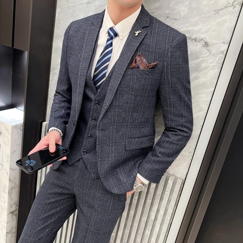  Showlu Fashion Store Navy blue / Asian M is Eur XS High Quality 2023New Men's (suit + Vest + Trousers) Wedding Banquet Boutique Business Slim-fit Plaid Dress Three-piece Set M-5XL