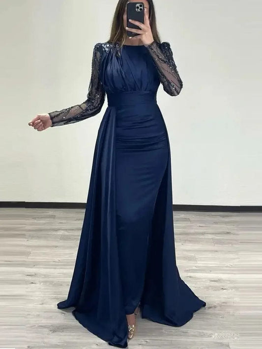 SHOWLU FASHION STORE Navy Blue Elegant Long Sleeves Mermaid Sequined Evening Gowns Satin Saudi Arabic Party Dress Prom Dresse Robe De Soirée 2024