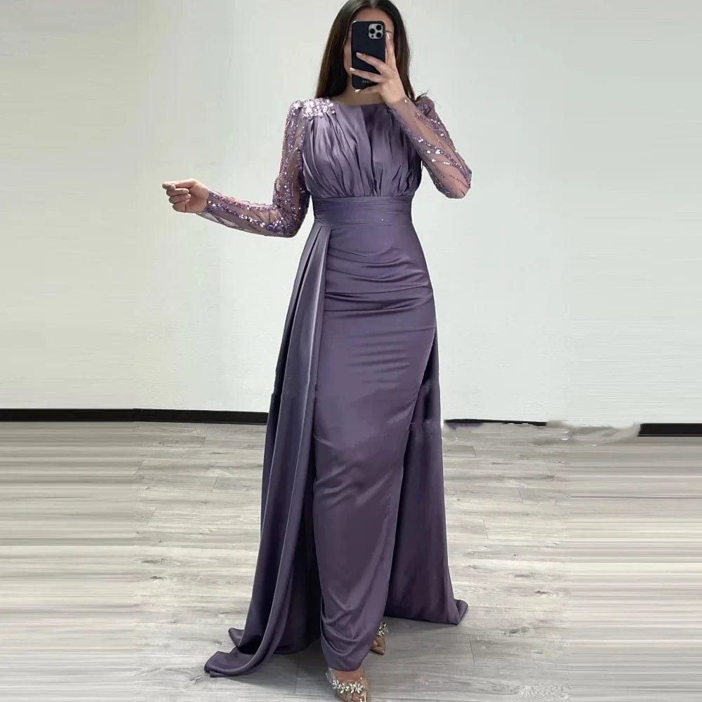 SHOWLU FASHION STORE Navy Blue Elegant Long Sleeves Mermaid Sequined Evening Gowns Satin Saudi Arabic Party Dress Prom Dresse Robe De Soirée 2024