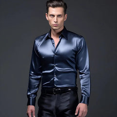  Showlu Fashion Store Navy Blue / S Mens Satin Silk Dress Shirt Long Sleeve Slim Business Formal Casual Tops Classic