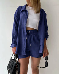 SHOWLU FASHION STORE Navy Blue / S Oversized Shirt Shorts Two Piece Sets Women Summer Cotton Tops With Loose High Waist Shorts Suit 2023 Fashion Streetwear Outfits