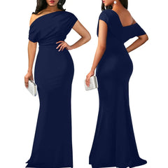 Showlu Fashion Store Navy Blue / S Women Oblique Shoulder Slim Folds Long Dress Elegant Evening Party Floor Length Dresses Vestido de festa