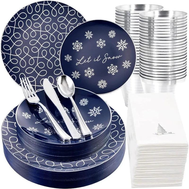 Showlu Fashion Store Navy Blue / United States 175PCS Solid Gold Plastic Plates with Gold Rim，Disposable Silverware Include25 Dinner Plates,25 Dessert Plates, 25 Forks