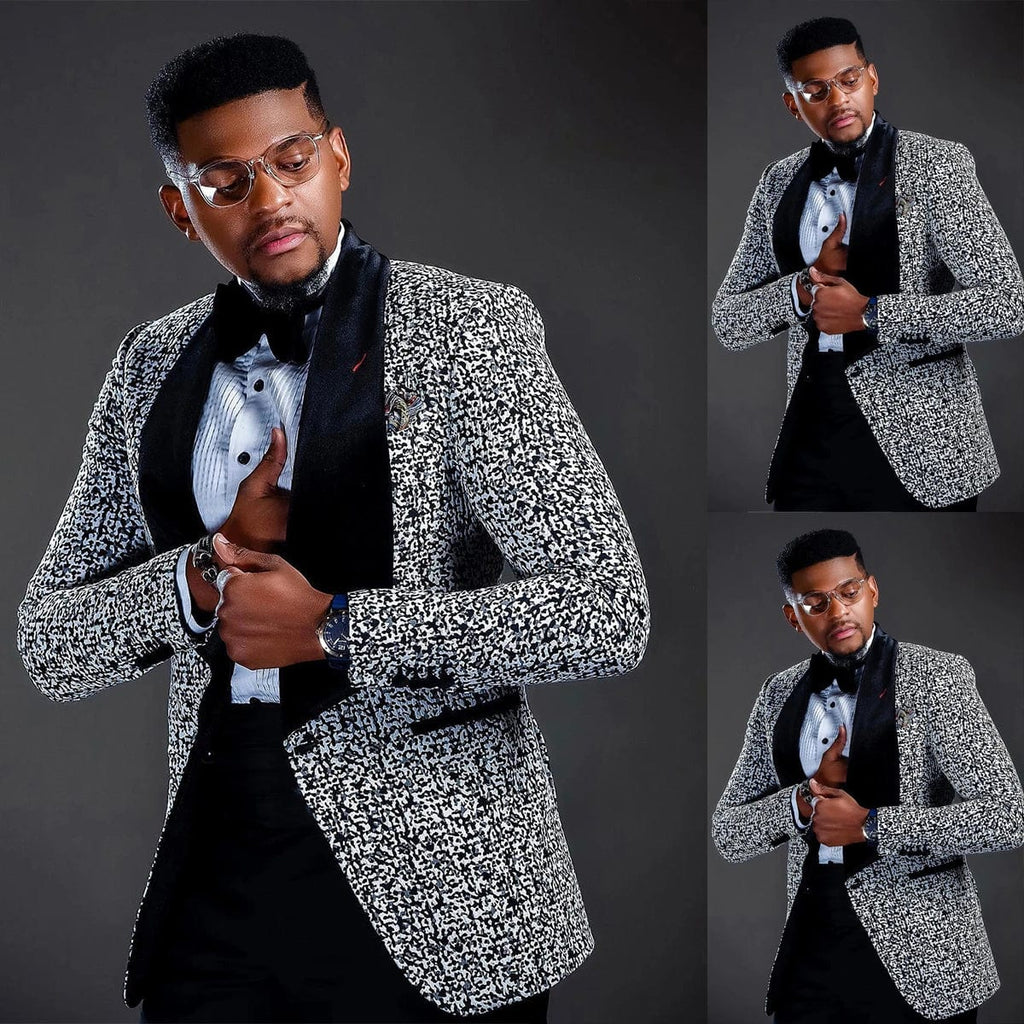 Navy blue men's jacquard tuxedo by SHOWLU FASHION STORE, 2-piece skinny fit suit with velvet lapel and tailored blazer and pants.
