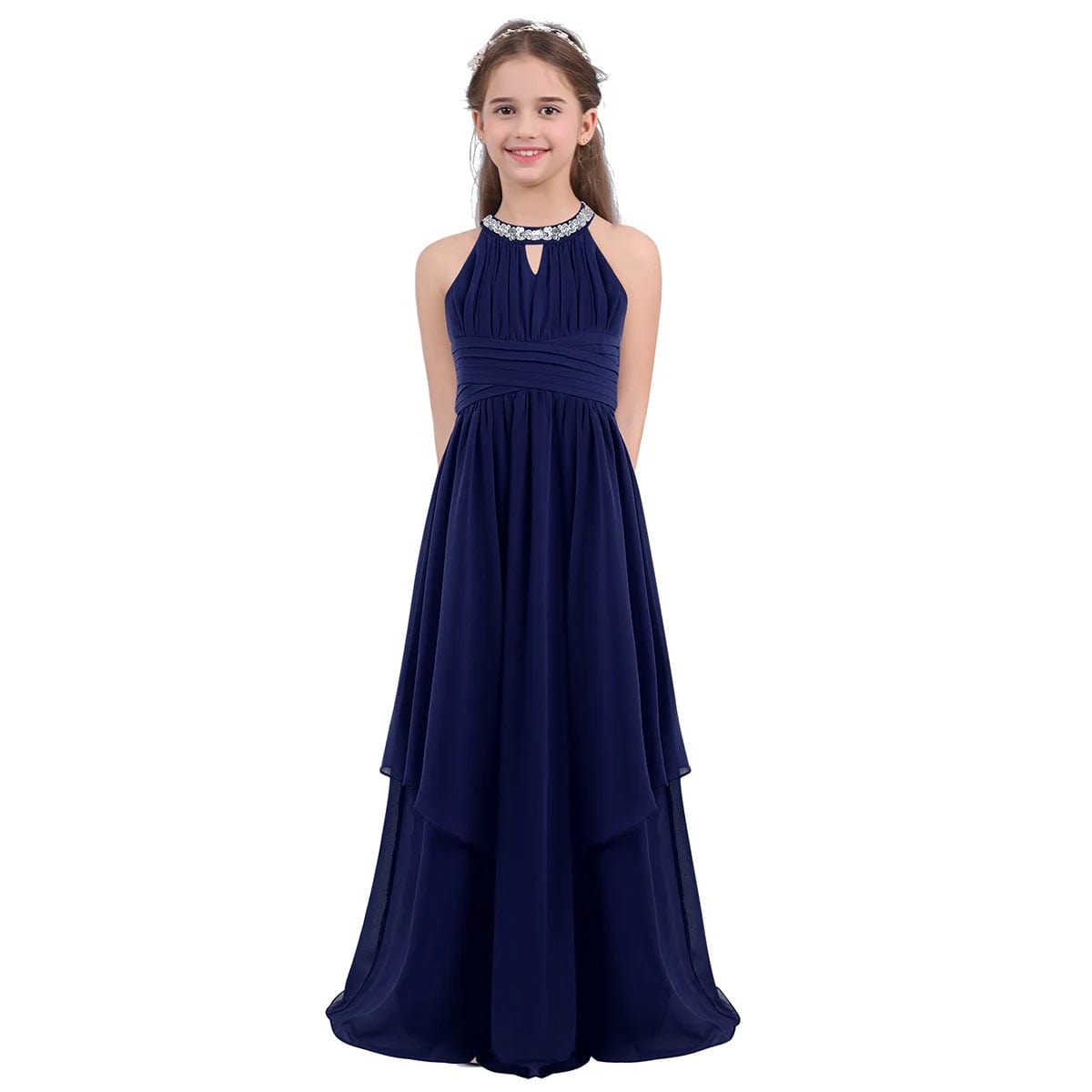 SHOWLU FASHION STORE Navy lue / 8 Chiffon Flower Girls Dress Floor-Length Sleeveless Wedding Party Dress Sequined Halter Flower Girl Dress Princess Pageant Dress