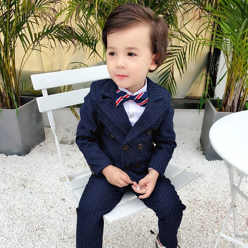 Showlu Fashion Store navy striped / 4T Children's Flormal Plaid Dress Suit Set Baby Boy Autumn Wedding Party Banquet Costume Kids Double Breasted Blazer Pants Bowtie