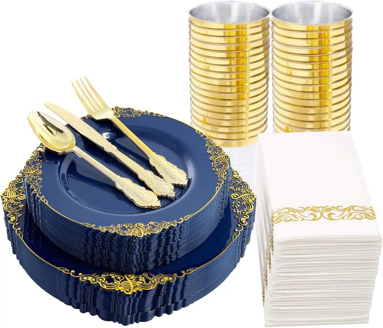 Showlu Fashion Store Navy / United States 175PCS Plastic Plates - Disposable Party Plates & Pre Rolled Napkins with Cutlery for 25 Guests, Plates, Silverware, Cups,Napkin