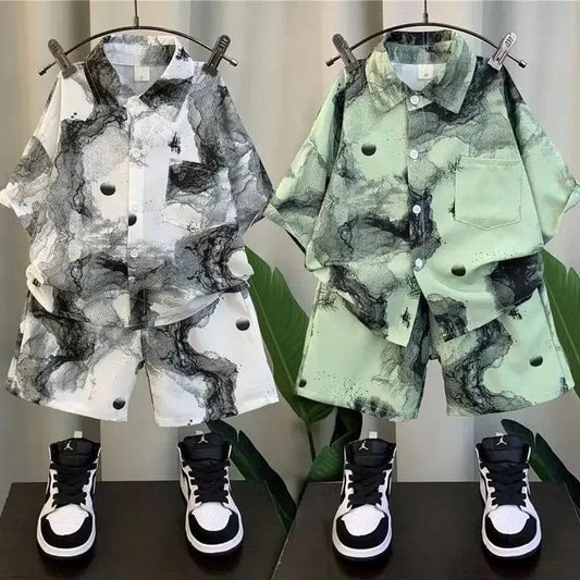  Showlu Fashion Store New 2024 Summer Kids Clothes Sets Baby Boys Short Sleeve Lapel Tie-dye Print Shirt Top with Shorts Children Casual Clothing