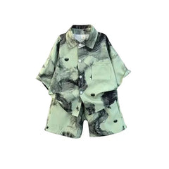  Showlu Fashion Store New 2024 Summer Kids Clothes Sets Baby Boys Short Sleeve Lapel Tie-dye Print Shirt Top with Shorts Children Casual Clothing