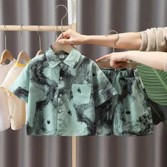  Showlu Fashion Store New 2024 Summer Kids Clothes Sets Baby Boys Short Sleeve Lapel Tie-dye Print Shirt Top with Shorts Children Casual Clothing