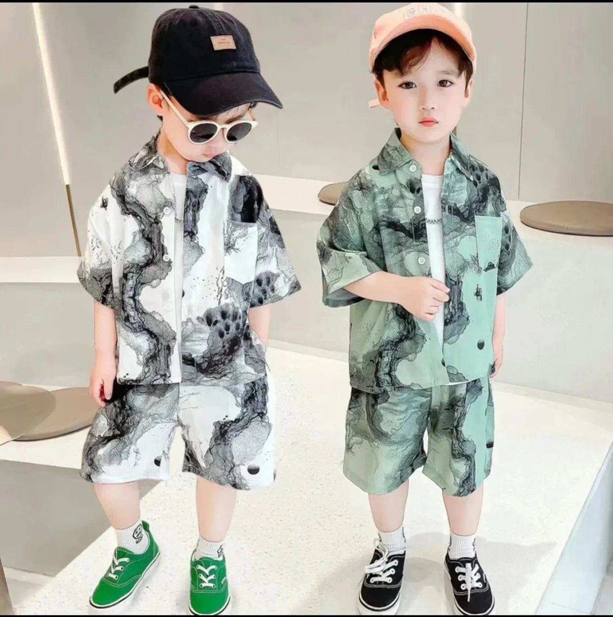  Showlu Fashion Store New 2024 Summer Kids Clothes Sets Baby Boys Short Sleeve Lapel Tie-dye Print Shirt Top with Shorts Children Casual Clothing