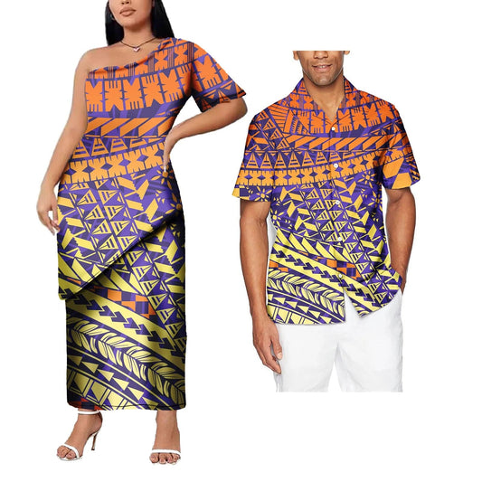 SHOWLU FASHION STORE New Design Polynesian Tattoo Print couple outfit sets For valentine's day Plus Size Women prom dresses Match Men Shirt