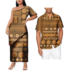 SHOWLU FASHION STORE New Design Polynesian Tattoo Print couple outfit sets For valentine's day Plus Size Women prom dresses Match Men Shirt