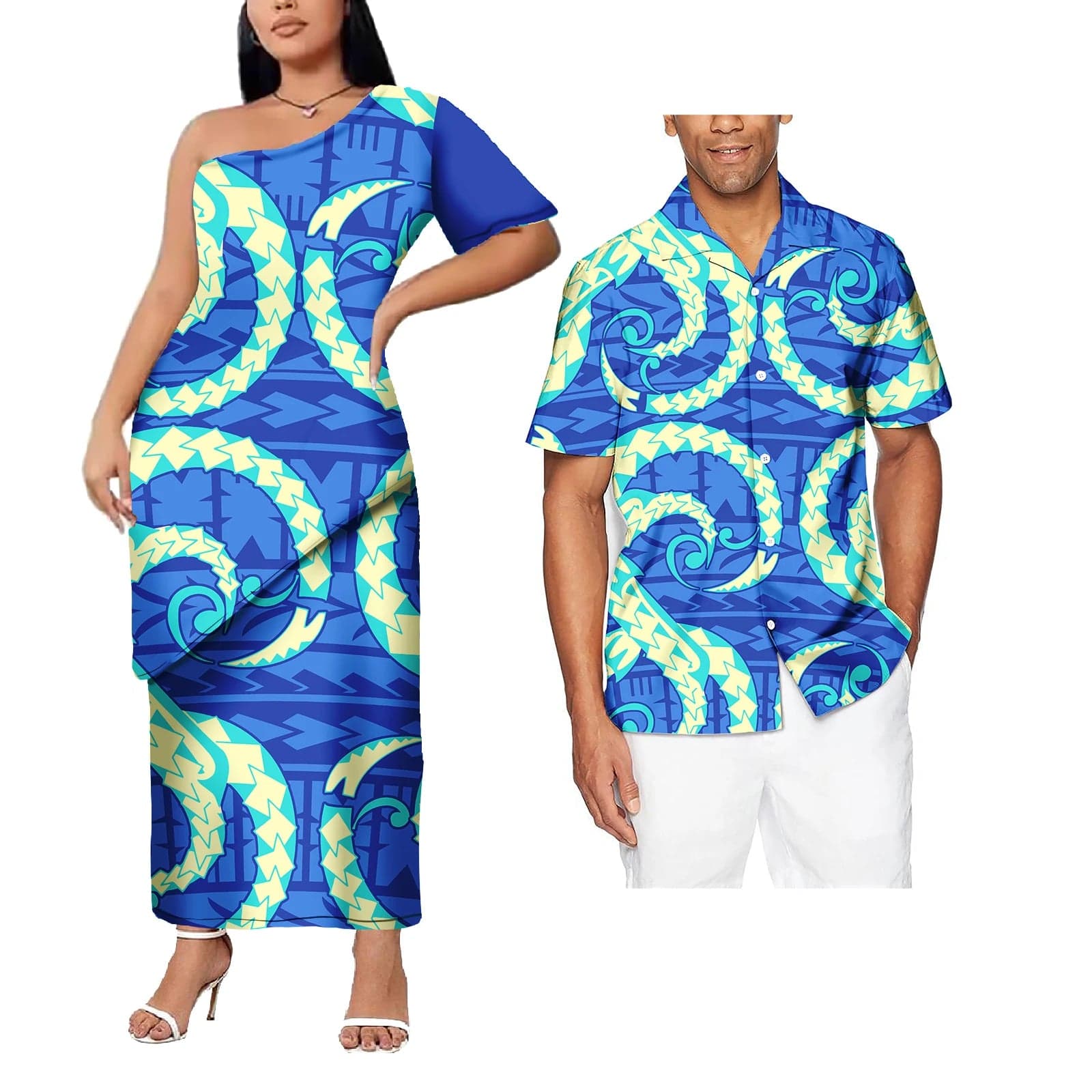 SHOWLU FASHION STORE New Design Polynesian Tattoo Print couple outfit sets For valentine's day Plus Size Women prom dresses Match Men Shirt