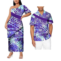 SHOWLU FASHION STORE New Design Polynesian Tattoo Print couple outfit sets For valentine's day Plus Size Women prom dresses Match Men Shirt