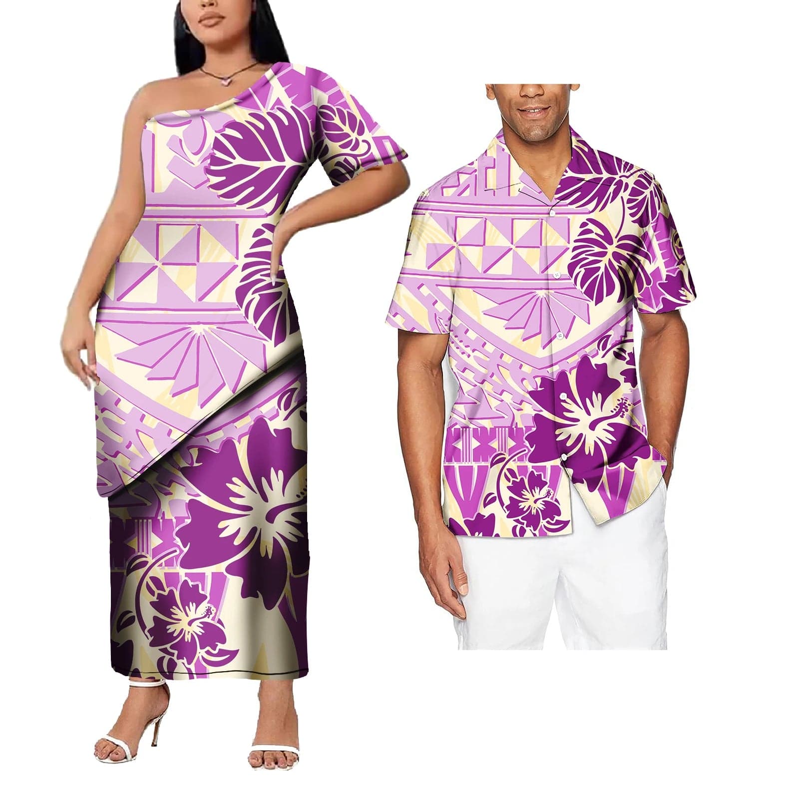 SHOWLU FASHION STORE New Design Polynesian Tattoo Print couple outfit sets For valentine's day Plus Size Women prom dresses Match Men Shirt