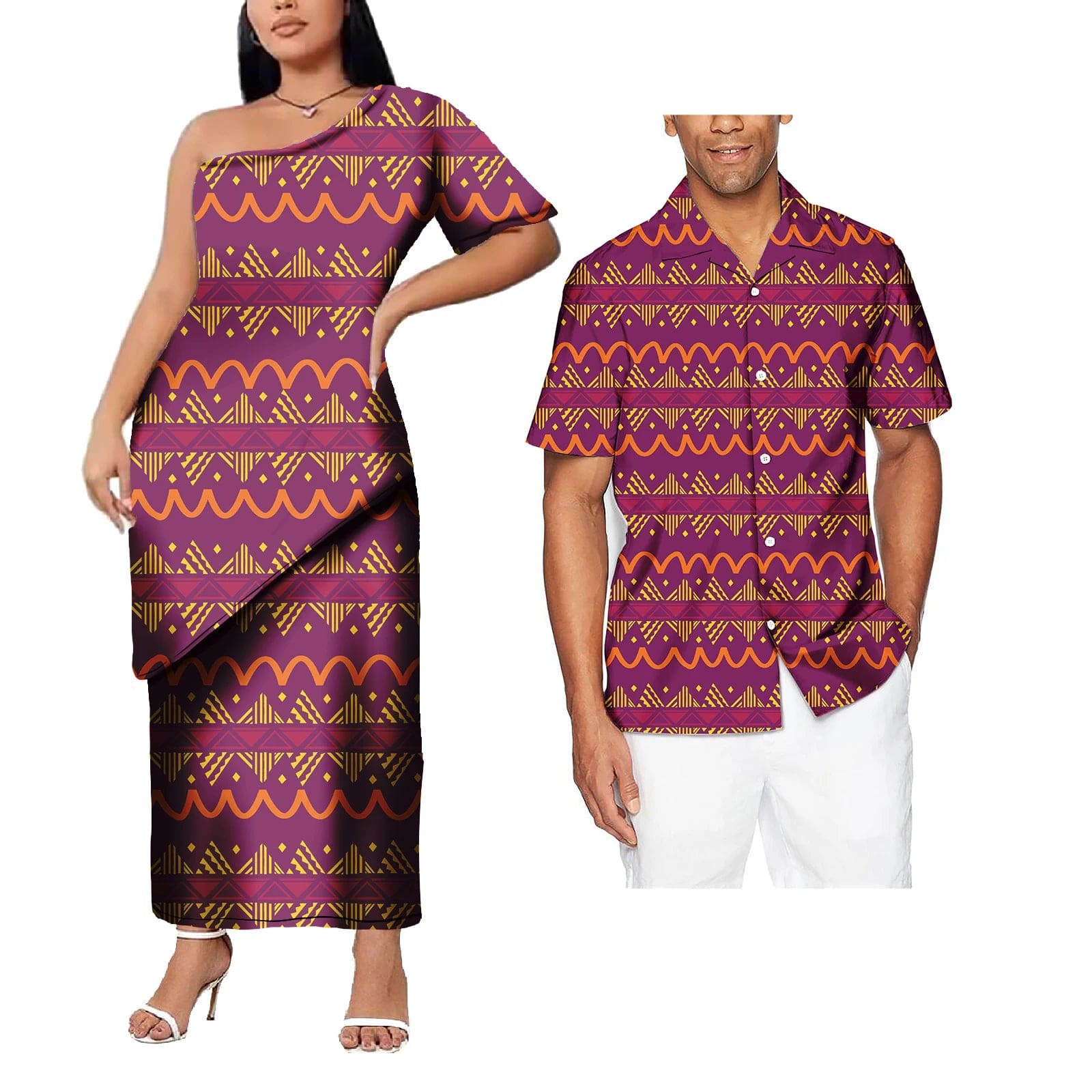 SHOWLU FASHION STORE New Design Polynesian Tattoo Print couple outfit sets For valentine's day Plus Size Women prom dresses Match Men Shirt