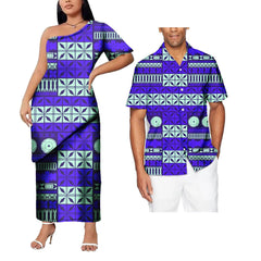 SHOWLU FASHION STORE New Design Polynesian Tattoo Print couple outfit sets For valentine's day Plus Size Women prom dresses Match Men Shirt