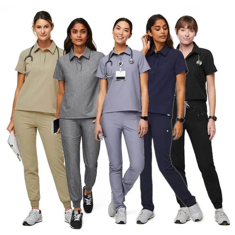Unisex nursing scrub set with top and pants in light blue, showing a professional hospital uniform for adults by Showlu Fashion Store.