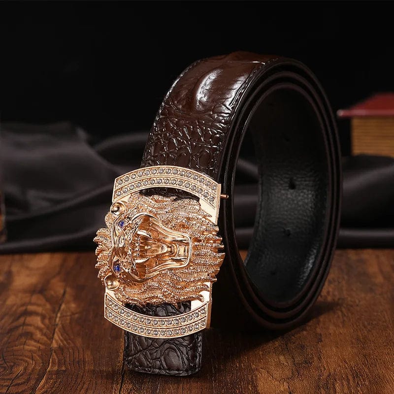  Showlu Fashion Store New Luxury Men's Belt Embossed Head Layer Belt with The Lion Buckle Belts  Men Fashion Belts for High Quality Ladies