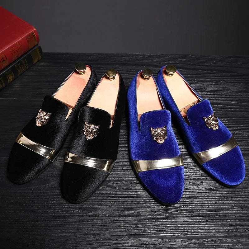 SHOWLU FASHION STORE New Men Wedding Loafers Velvet Shoes Fashion Quality Tiger Gold metal Men Dress Shoes Men's Flats wholesale dropshiping ST359