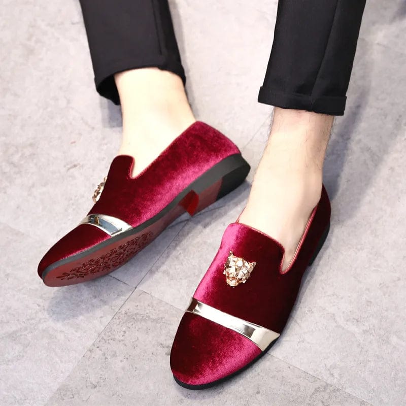 SHOWLU FASHION STORE New Men Wedding Loafers Velvet Shoes Fashion Quality Tiger Gold metal Men Dress Shoes Men's Flats wholesale dropshiping ST359