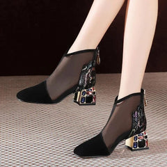  Showlu Fashion Store New Mesh Sandals Boots Women Mesh Ankle Boot for Summer Mid Heel Rhinestone Ponited Toe Shoes Hollow Out Back Zip Black Pumps