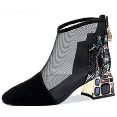  Showlu Fashion Store New Mesh Sandals Boots Women Mesh Ankle Boot for Summer Mid Heel Rhinestone Ponited Toe Shoes Hollow Out Back Zip Black Pumps