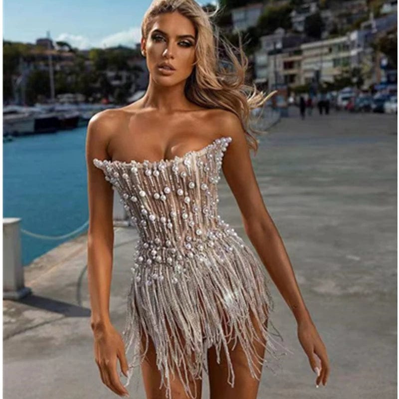  Showlu Fashion Store New New Summer Tube Top Sequin Bead Fashion Tassel Temperamental Classy Social Party Casual Small Dress Wedding