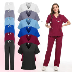 SHOWLU FASHION STORE New Nurse Uniforms Elatic Solid Tops Pants Woman Man Scrub Trousers Dental Vet Hospital Pet Clinic Medical Uniform Scrub Sets