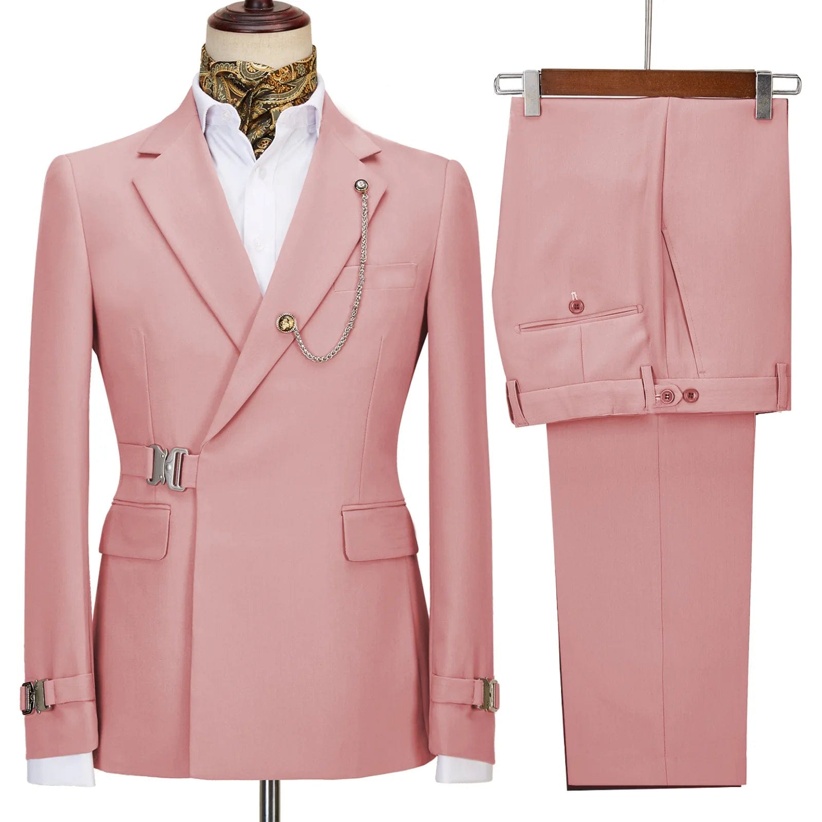 SHOWLU FASHION STORE New Red Blue Coat Pant Design Metal Buckle Side Release Pink Men Suits 2 Pieces Set Dinner Wedding Party