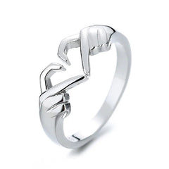  Showlu Fashion Store New Romantic Love Hand with Heart Shaped Ring Creative Couple Silver Color Adjustable Open Rings Personality Party Jewelry Gift