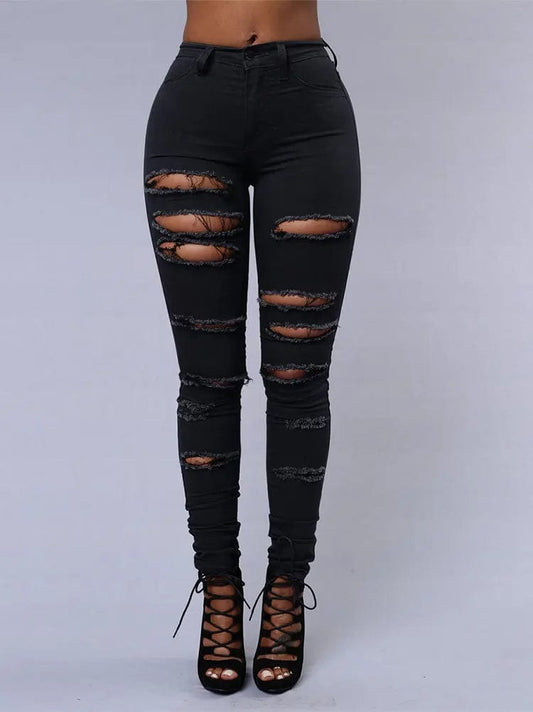  Showlu Fashion Store New Spring Summer Elastic Trousers Black and White Ripped Jeans Fashion Sexy Skinny Denim Pencil Pants S-3XL Drop Shipping