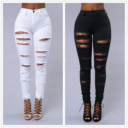  Showlu Fashion Store New Spring Summer Elastic Trousers Black and White Ripped Jeans Fashion Sexy Skinny Denim Pencil Pants S-3XL Drop Shipping