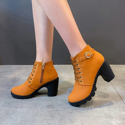  Showlu Fashion Store New Spring Winter Women Pumps Boots High Quality Lace-up European Ladies Shoes PU High Heels Boots Fast Delivery Platform Boots