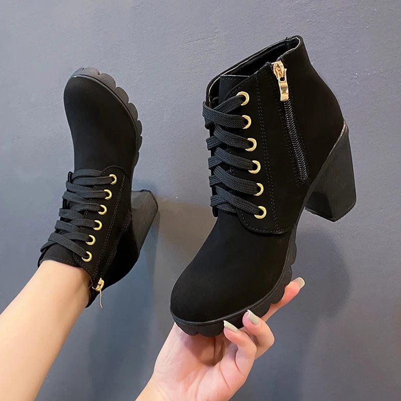  Showlu Fashion Store New Spring Winter Women Pumps Boots High Quality Lace-up European Ladies Shoes PU High Heels Boots Fast Delivery Platform Boots