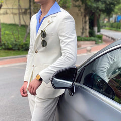 SHOWLU FASHION STORE New Summer Seersucker Suit Men Italian Style British Slim Fit Casual White Suit Trendy Man Smoking Homme Mariage Men Tuxedo Suit