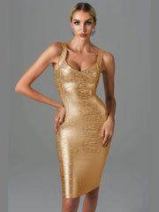  Showlu Fashion Store New Women Summer Style Sexy Sleeveless Backless Gold Silver Bronzing Midi Bodycon Bandage Dress 2022 Elegant Evening Party Dress