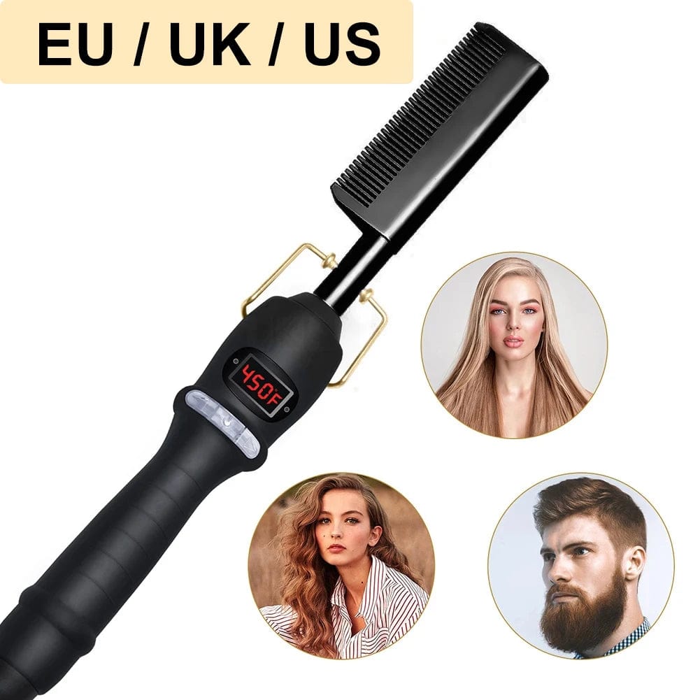  Showlu Fashion Store NewComb-Black-1pcs / EU Electric Hot Comb Hair Straightener Heating Comb Ceramic LCD Straightener Brush for Wigs American African Hair Styling Tools