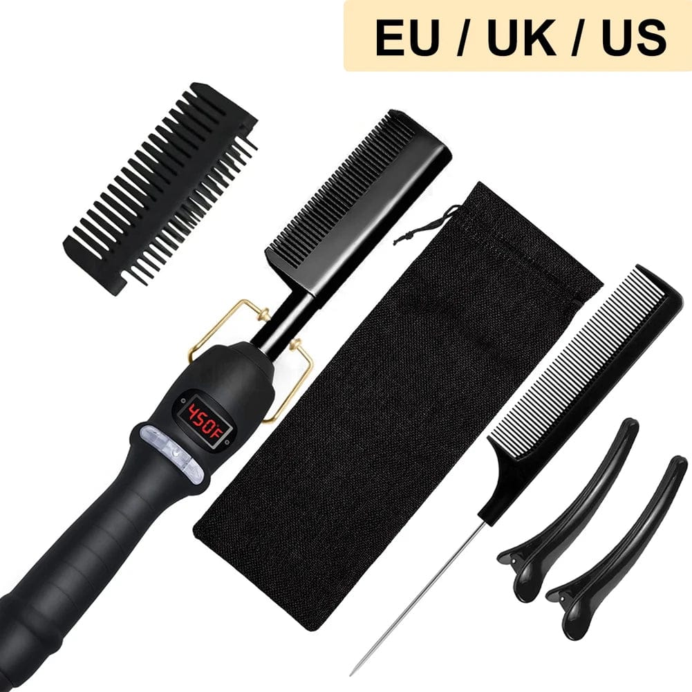  Showlu Fashion Store NewComb-Black-5pcs / us Electric Hot Comb Hair Straightener Heating Comb Ceramic LCD Straightener Brush for Wigs American African Hair Styling Tools