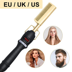  Showlu Fashion Store NewComb-Gold-1pcs / us Electric Hot Comb Hair Straightener Heating Comb Ceramic LCD Straightener Brush for Wigs American African Hair Styling Tools