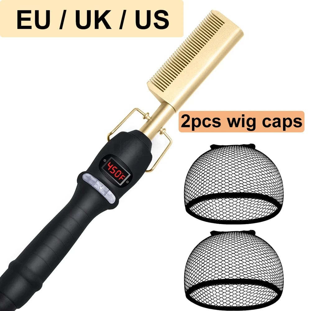  Showlu Fashion Store NewComb-Gold-3pcs / us Electric Hot Comb Hair Straightener Heating Comb Ceramic LCD Straightener Brush for Wigs American African Hair Styling Tools