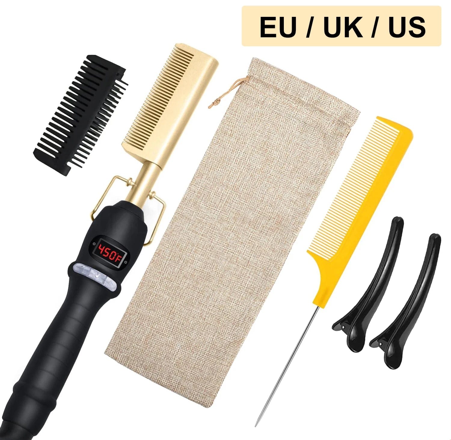  Showlu Fashion Store NewComb-Gold-5pcs / us Electric Hot Comb Hair Straightener Heating Comb Ceramic LCD Straightener Brush for Wigs American African Hair Styling Tools