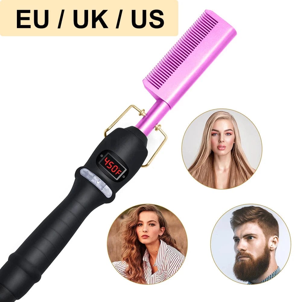  Showlu Fashion Store NewComb-Purple-1pcs / EU Electric Hot Comb Hair Straightener Heating Comb Ceramic LCD Straightener Brush for Wigs American African Hair Styling Tools